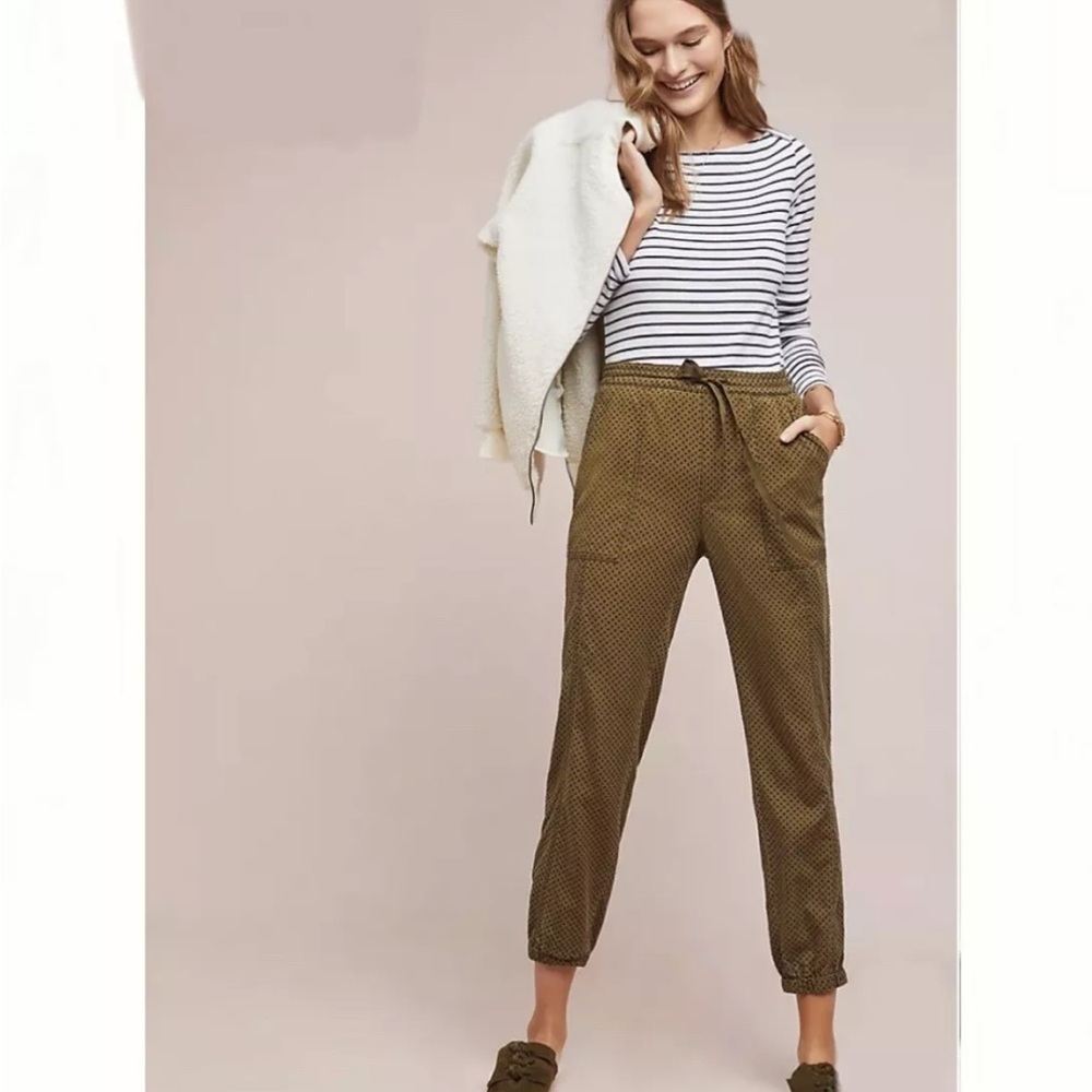 by Anthropologie Olive green and blue polka-dot joggers size XS - Picture 2 of 8